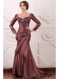 Appliqued Burgundy Column Square Prom Dress with Long Sleeves