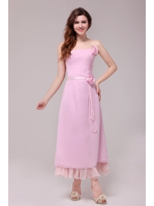 Strapless Baby Pink Hand Made Flowers Tea-length Prom Dress