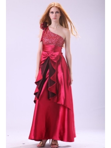 Wine Red One Shoulder Sequins and Bow Ankkle-length Prom Dress