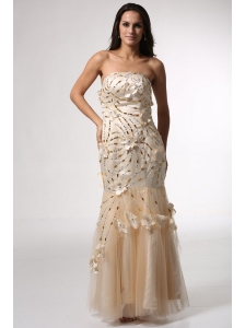 Champagne Mermaid Strapless Prom Dress with Flowers and Beading