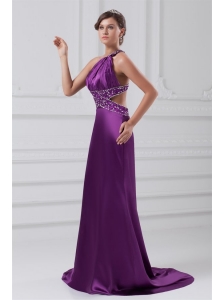 Column One Shoulder Brush Train Elastic Woven Satin Beading Purple Prom Dress