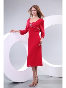 Column Red Strapless Knee-length Beading Chiffon  Prom Dress