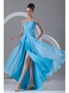 Aqua Blue Empire One Shoulder Appliques Chiffon Prom Dress with Criss Cross