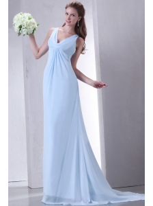 Cheap Empire V-neck Light Blue Prom Dress with Ruching