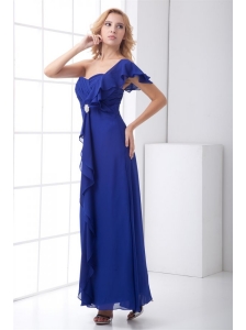 Empire One Shoulder Ankle-length Chiffon Blue Ruching Prom Dress