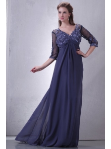 Empire V-neck Chiffon Appliques with Beading Prom Dress with 3/4 Sleeves