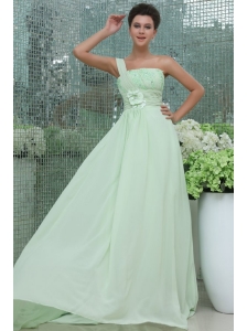 Light Blue Empire One Shoulder Appliques and Ruching Prom Dress