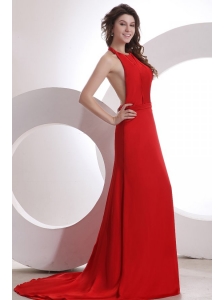Simple Empire Halter Chiffon Red Brush Train Prom Dress
