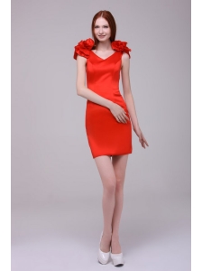 Red Column V-neck Hand Made Flowers Mini-length Prom Dress