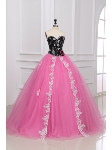 Beading and Appliques Sweetheart Quinceanera Dress in Black and Rose Pink