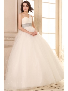 Ball Gown One Shoulder Beaded Decorate Waist Tulle Wedding Dress