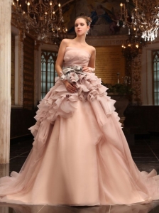 Ball Gown Strapless Champagne Ruffles Organza Wedding Dress with Court Train