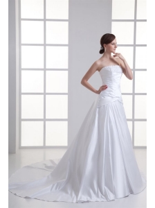 Elegant A-Line Strapless Lace Taffeta Chapel Train Wedding Dress