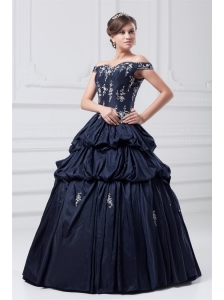 Off The Shoulder Taffeta Navy Blue Quinceanera Dress with Appliques
