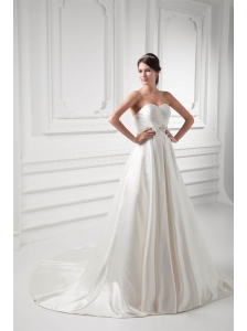 A-line Sweetheart Appliques and Ruching Satin Satin Wedding Dress