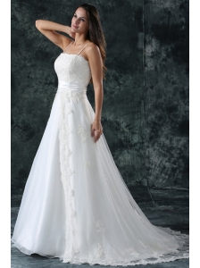 A-Line Straps Appliques Lace Up Tulle Wedding Dress with Court Train