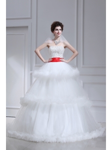 2014 Spring Beautiful Ball Gown Strapless Beading Ruffled Layers Chapel Train Wedding