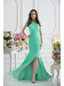 Apple Green Column One Shoulder Prom Dress with Ruching and Beading