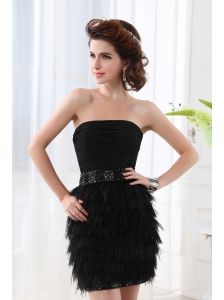 Black Column Strapless Sleeveless Mini-lengthProm Dress with Beading and Ruching