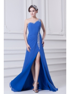 Blue One Shoulder Column Prom Dress with Beading and High Slit