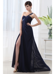 Empire Ruffles High Slit One Shoulder High Slit Navy Blue Prom Dress