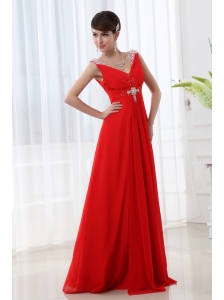 Red V-neck Beading and Ruching Floor-length Chiffon Prom Dress