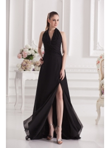 A-line Halter Top Floor-length Chiffon Black High Slit Prom Dress