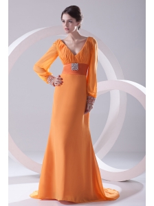 Empire Orange V-neck Long Sleeves Prom Dress with Beading Ruching