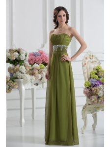 Empire Strapless Chiffon Beading Ruching Olive Green Prom Dress
