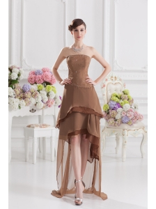 Saddle Brown A-line Strapless Chiffon High-low Prom Dress with Beading