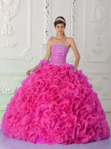 Ball Gown Strapless Organza Hot Pink Pretty Quinceanera Dresses with Beading and Ruffles
