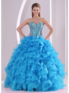 Blue Sweetheart Organza 2013 Quinceanera Dresses with Fitted Waist