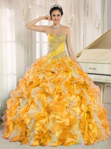 Custom Made For 2013 Yellow Puffy Quinceanera Dresses with Beaded and Ruffles