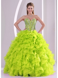 Cute Ball Gown Ruffles and Beading 2013 Fall Pretty Quinceanera Dresses in Yellow Green