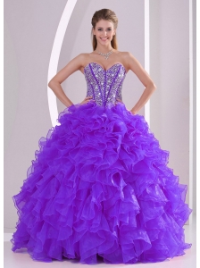 Purple Ball Gown Sweetheart Ruffles and Beading Lace Up Discount Quinceanera Dresses
