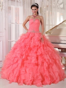 Popular Strapless Watermelon Red Ruffles Beading Unique Quinceanera Dresses for 2014