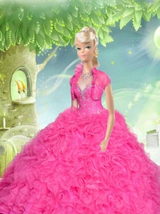 Hot Pink Quinceanera Doll Dress With Beading And Ruffles