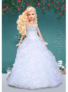 White Quinceanera Doll Dress With Beading And Ruffles