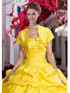 Yellow Taffeta Open Front Special Occasion Quinceanera Jacket with Beading