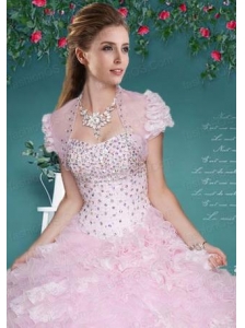 Fashionable Baby Pink Organza Quinceanera Jacket with Beading and Ruffles