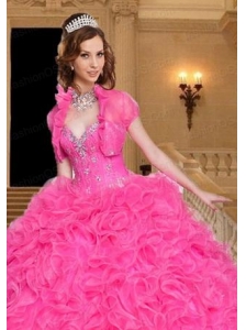 Most Popular Beading and Ruffles Hot Pink Quinceanera Jacket with Open Front