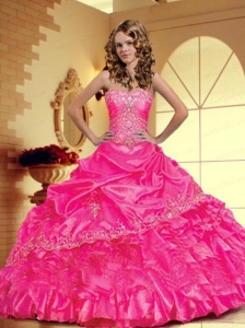 2015 Luxurious Strapless Hot Pink Sweet Sixteen Dresses with Appliques and Pick-ups