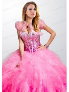 Elegant Pink Organza Open Front Quinceanera Jacket with Ruffels and Beading