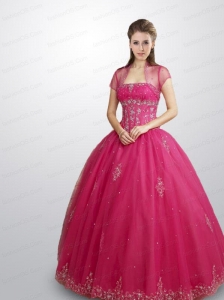 2015 Fashionable Strapless Hot Pink Quince Dresses with Beadin