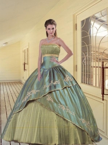 Special Strapless Olive Green Quinceanera Gown with Pleats and Appliques