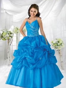 Remarkable Spaghetti Straps Blue Quinceanera Dress with Appliques and Beading