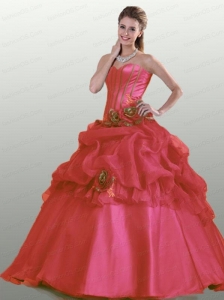 2015 Popular Strapless Coral Red Quinceanera Dresses with Hand Made Flowers and Ruffles