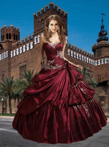 Most Popular Sweetheart Appliques and Ruffles Quinceanera Dresses in Burgundy