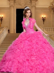 2015 Most Popular Beading and Ruffles Sweetheart Hot Pink Quinceanera Dress