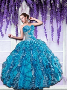 Sweetheart Beading and Ruffles Quinceanera Dress in Blue